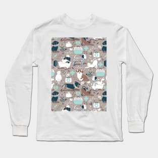 Veterinary medicine, happy and healthy friends // pattern // brown background aqua details navy blue white and brown cats dogs and other animals Long Sleeve T-Shirt